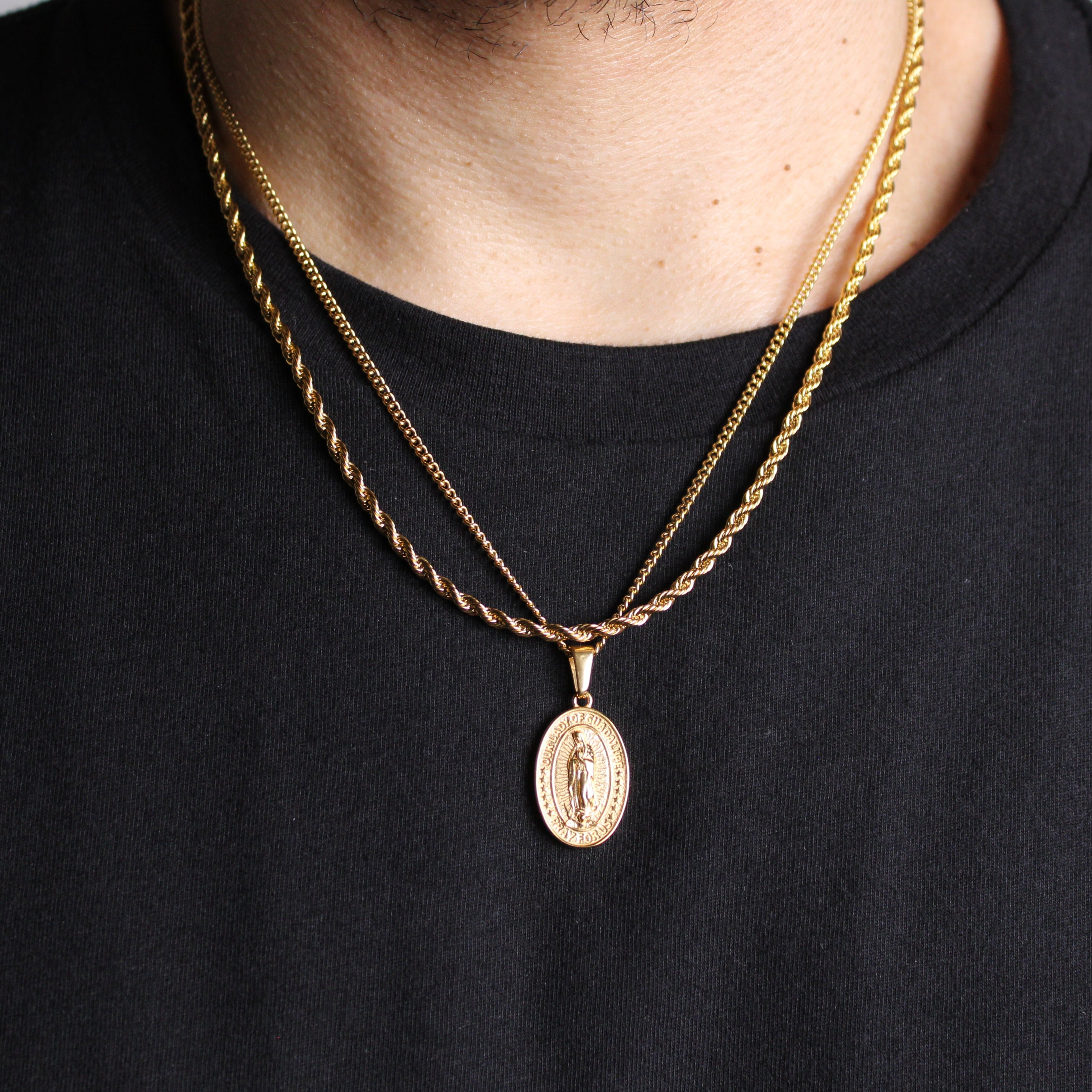 Gold Lady of Guadalupe Pendant Necklace & 3mm Rope Chain Set