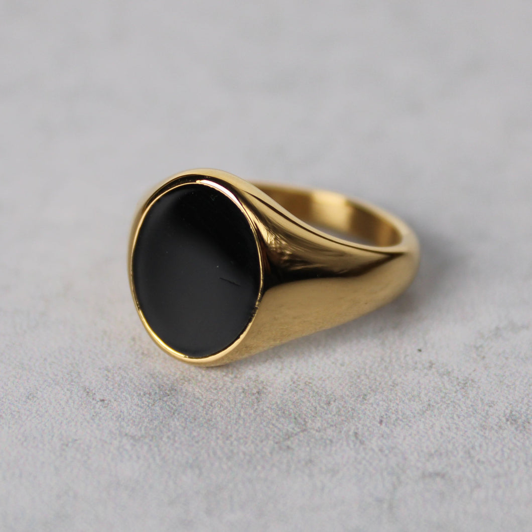 Gold Black Enamel Oval Signet Ring