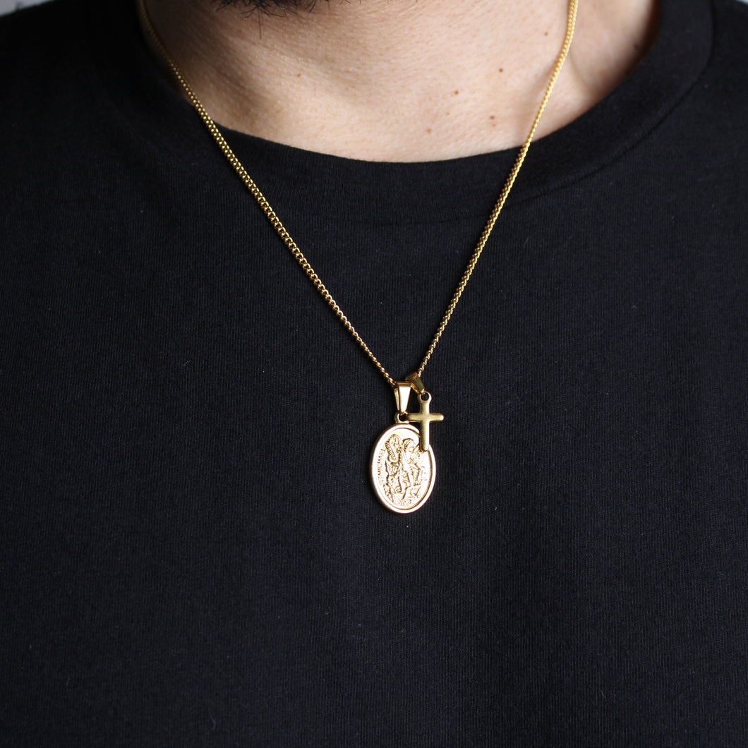 Gold Saint Michael & Mini Cross Pendant Necklace Set