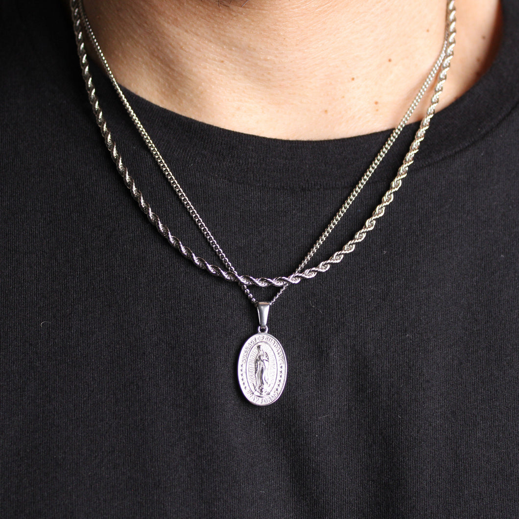 Silver Lady of Guadalupe Pendant Necklace & 3mm Rope Chain Set