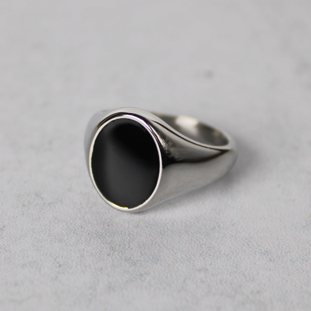Silver Black Enamel Oval Signet Ring