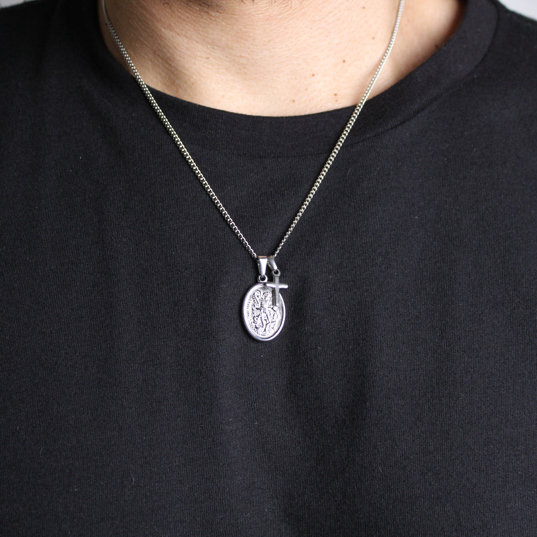 Silver Saint Michael & Mini Cross Pendant Necklace Set