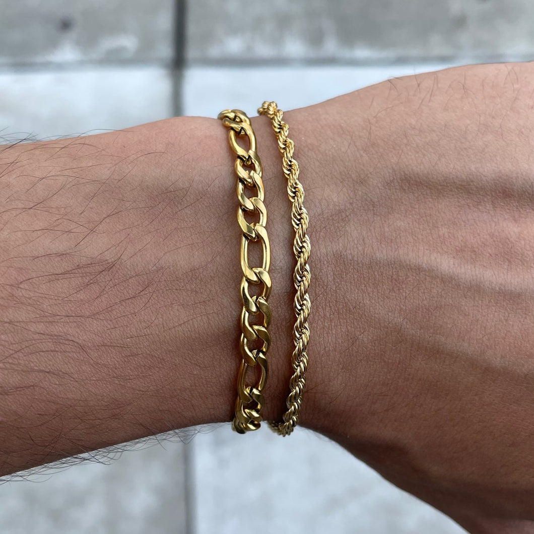 Gold 5mm Figaro Link & 3mm Rope Bracelet Set