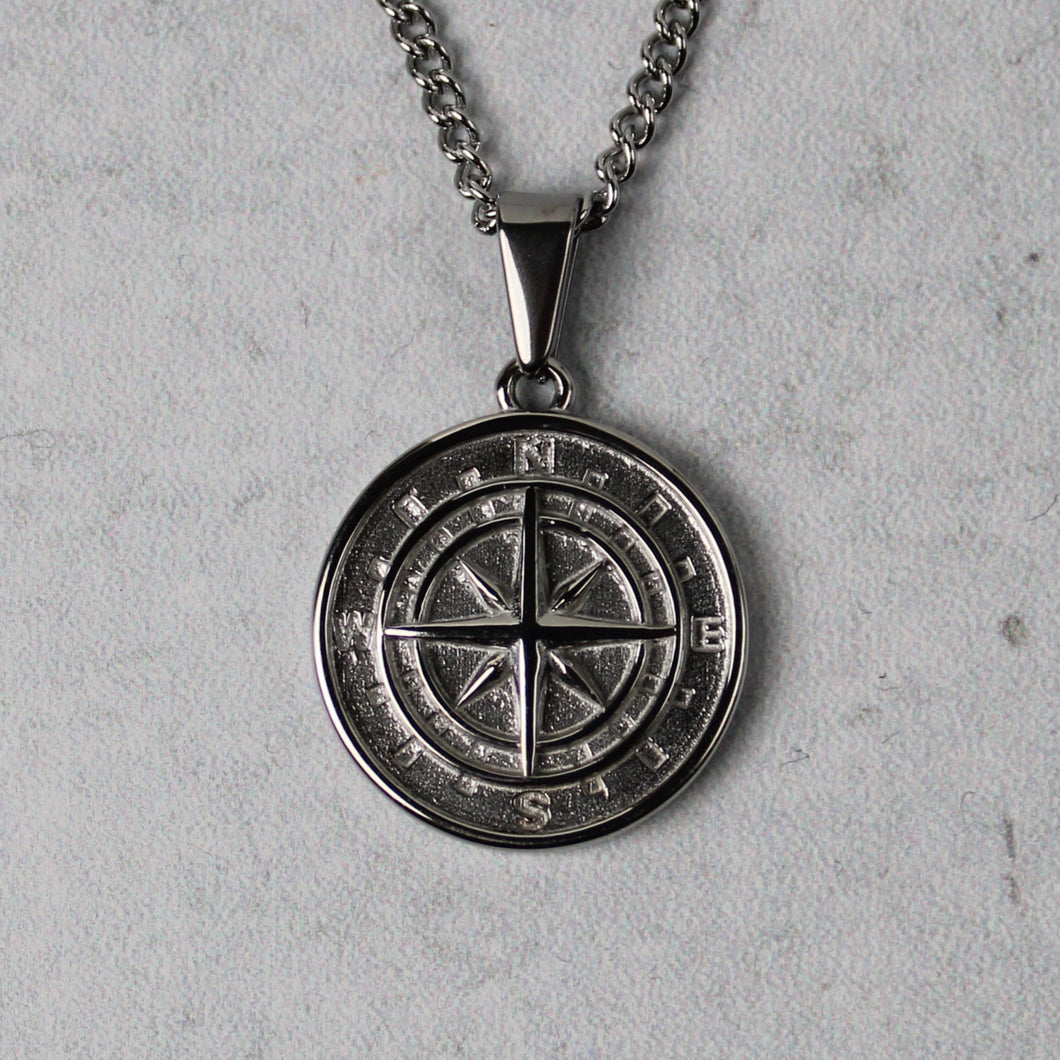 Silver Compass Pendant Chain Necklace