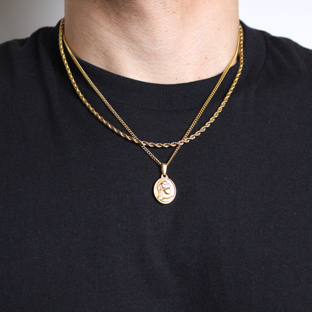 Gold Spartan Pendant Necklace & 3mm Rope Chain Set